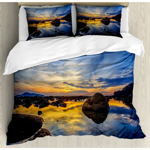 Ambesonne Coastal Duvet Cover Sets, Twilight Rocky Shore, 2-King, Blue Apricot