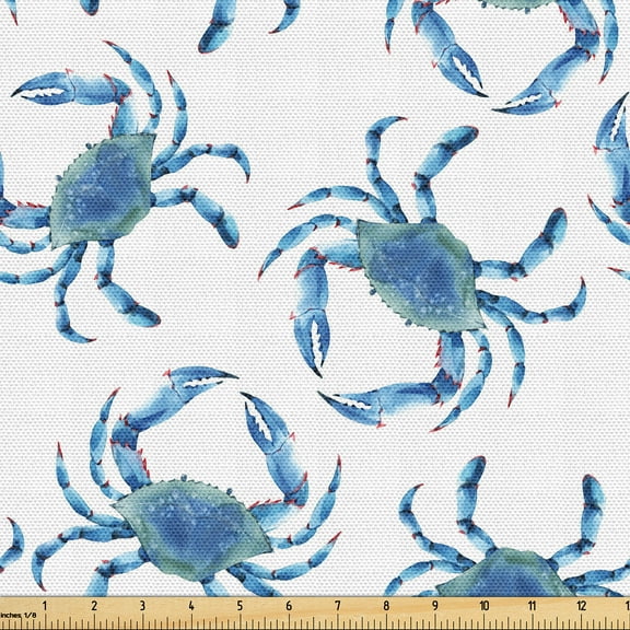 Ambesonne Coastal Fabric by the Yard Upholstery, Crab Illustration Seashore, 1 Yard, Soft Blue Sea Blue White