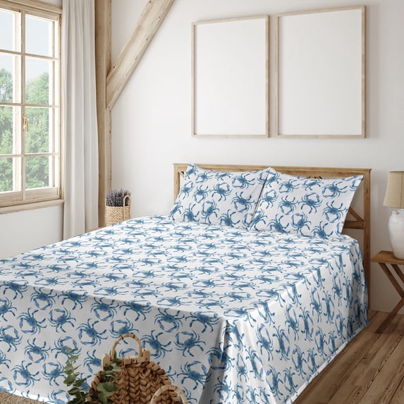 Ambesonne Coastal Fitted & Flat Sheet with Shams 4 Pcs Set, Crab Illustration Seashore, Full, Soft Blue Sea Blue White