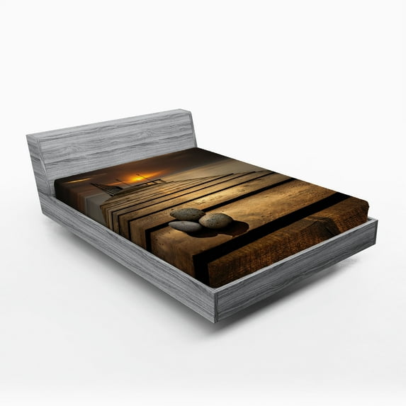 Ambesonne Coastal Fitted Sheet, Black Sea at Dusk Pier, Full Size, Brown Yellow Grey