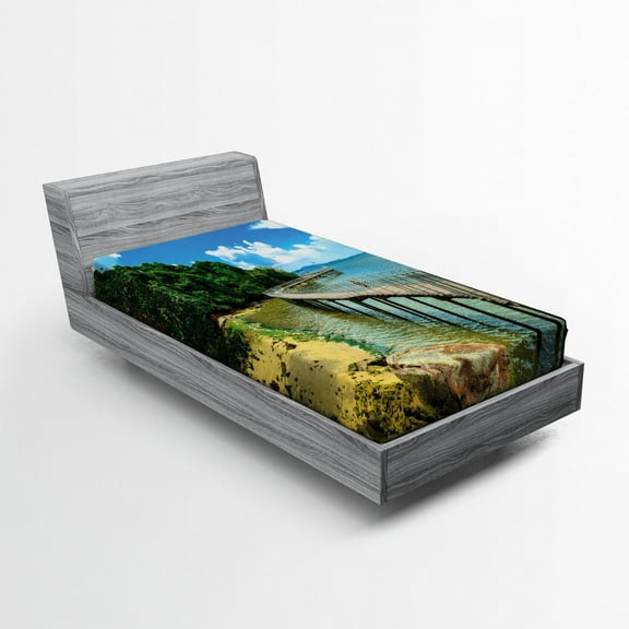 Ambesonne Coastal Fitted Sheet, Boardwalk Sandy Shore, Twin XL Size, Green Blue Brown