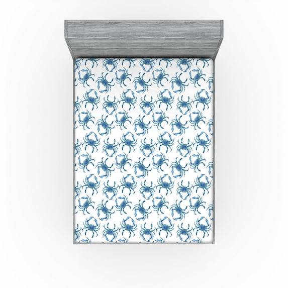 Ambesonne Coastal Fitted Sheet, Crab Illustration Seashore, Queen Size, Soft Blue Sea Blue White