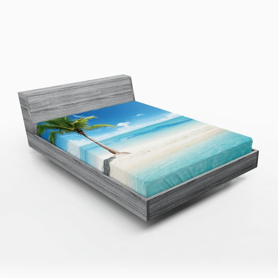 Ambesonne Coastal Fitted Sheet, Idyllic Scenery Sunbeam, King Size, Aqua White Green