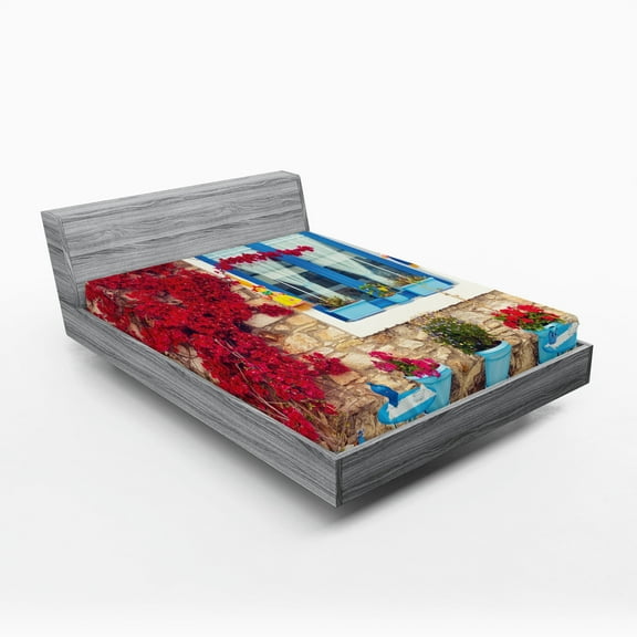 Ambesonne Coastal Fitted Sheet, Mediterranean House, Queen Size, Pale Brown Navy Blue