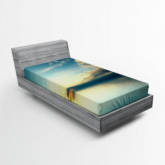 Ambesonne Coastal Fitted Sheet, Sea Sunset Horizon, Twin Size, Teal Aqua Blue