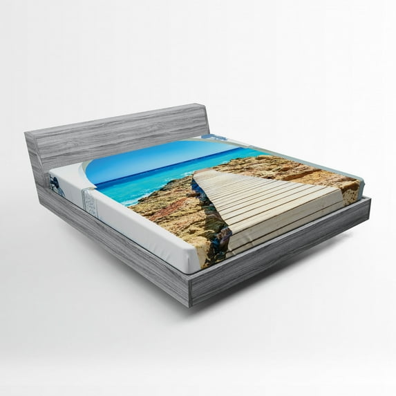 Ambesonne Coastal Fitted Sheet, Sea with a Quay Coast, Full Size, Aqua Cream Blue