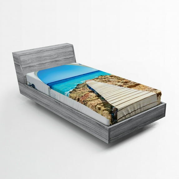 Ambesonne Coastal Fitted Sheet, Sea with a Quay Coast, Twin XL Size, Aqua Cream Blue