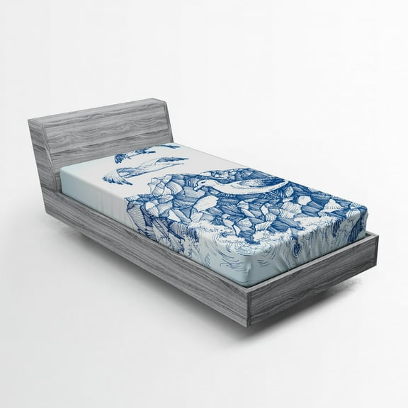 Ambesonne Coastal Fitted Sheet, Seagull Mountain Sketch, Twin XL Size, Blue White Navy