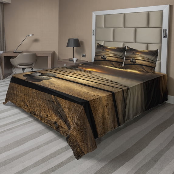 Ambesonne Coastal Fitted & Top Sheet Set with Shams, Black Sea at Dusk Pier, Brown Yellow Grey