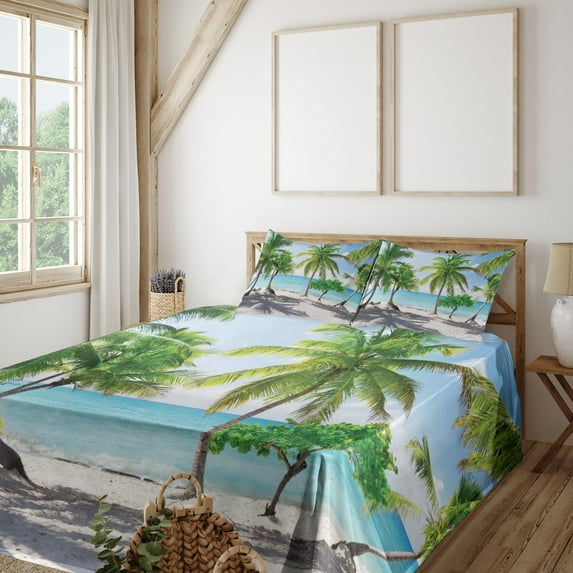 Ambesonne Coastal Fitted & Top Sheet Set with Shams, Palm Trees Island Shore, Green Aqua Coconut