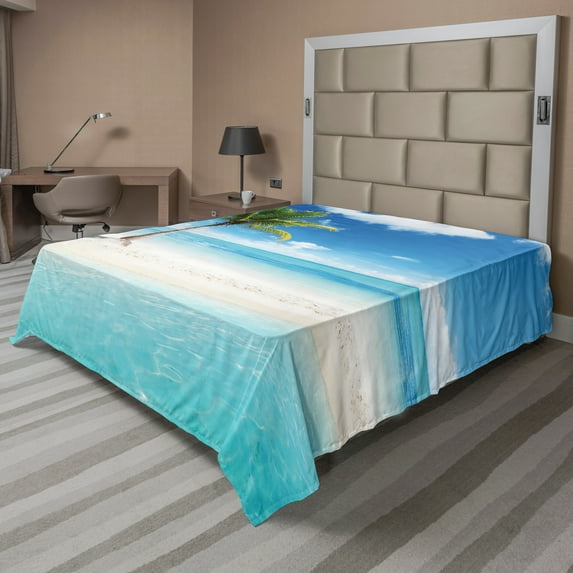 Ambesonne Coastal Flat Sheet, Idyllic Scenery Sunbeam, Full Size, Aqua White Green