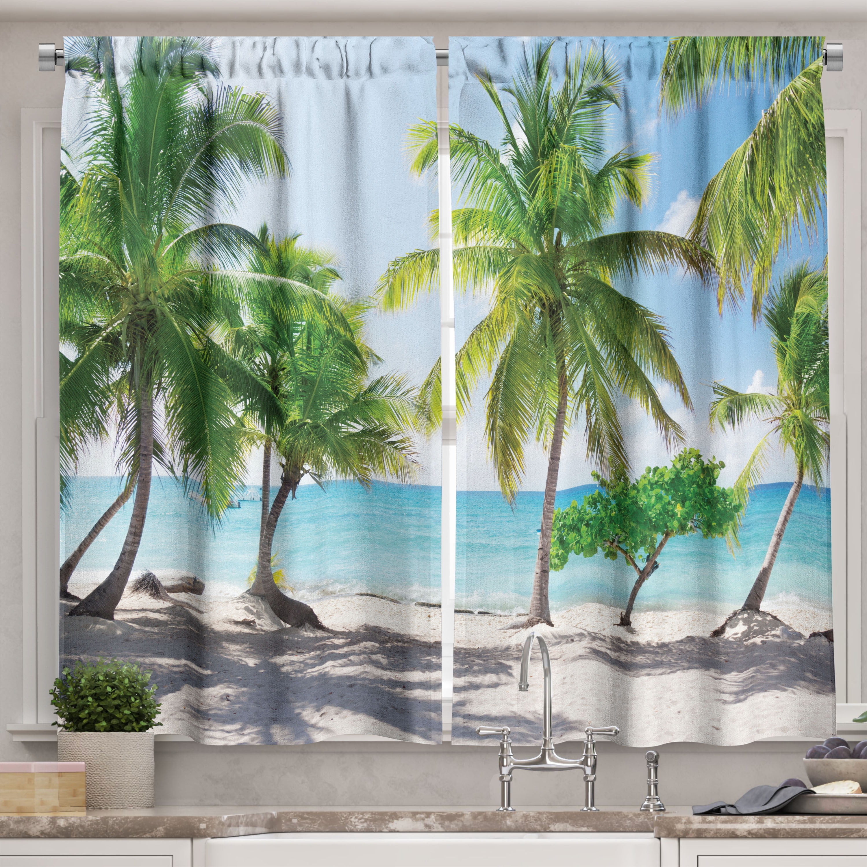 Ambesonne Coastal Kitchen Curtains, Palm Trees Island Shore, 55"x45 ...