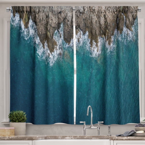Ambesonne Coastal Kitchen Curtains, Sea Lashes Against Coast, 55"x24", Cadet Blue and Dark Sepia