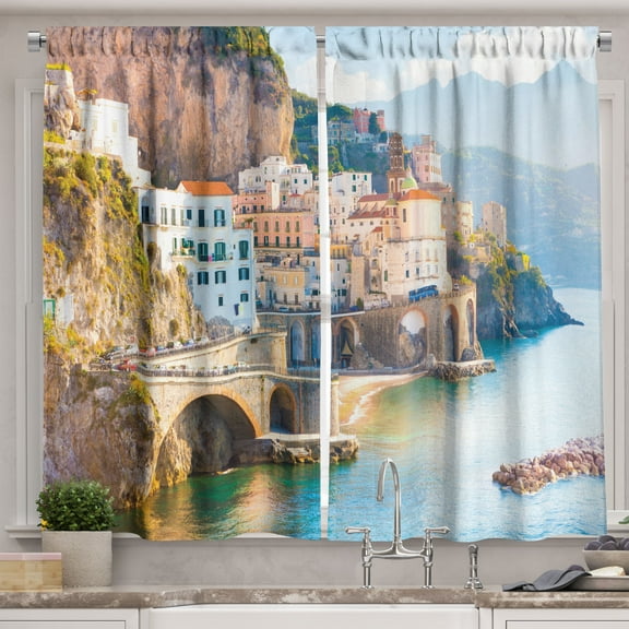 Ambesonne Coastal Kitchen Curtains, Seaside Settlement View, 55"x30", Multicolor