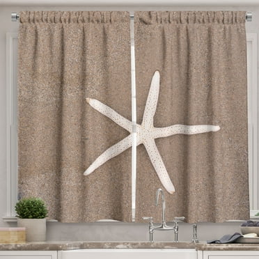 Ambesonne Coastal Kitchen Curtains, Starfish on Beachy View, 55"x30", Warm Taupe and Champagne