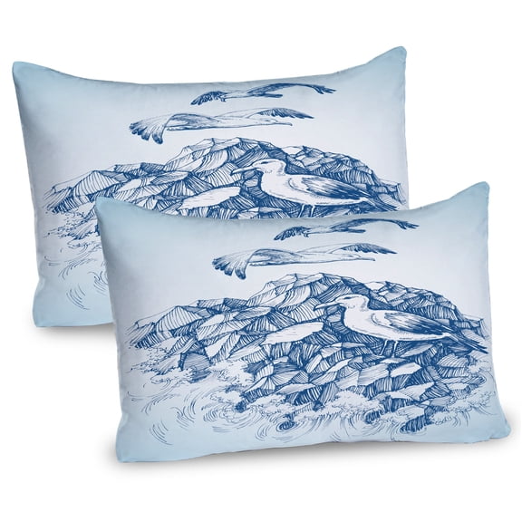 Ambesonne Coastal Pillow Sham 2 Pack, Seagull Mountain Sketch, 26"x20", Blue White Navy