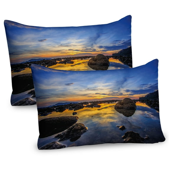 Ambesonne Coastal Pillow Sham 2 Pack, Twilight Rocky Shore, 36"x20", Blue Apricot