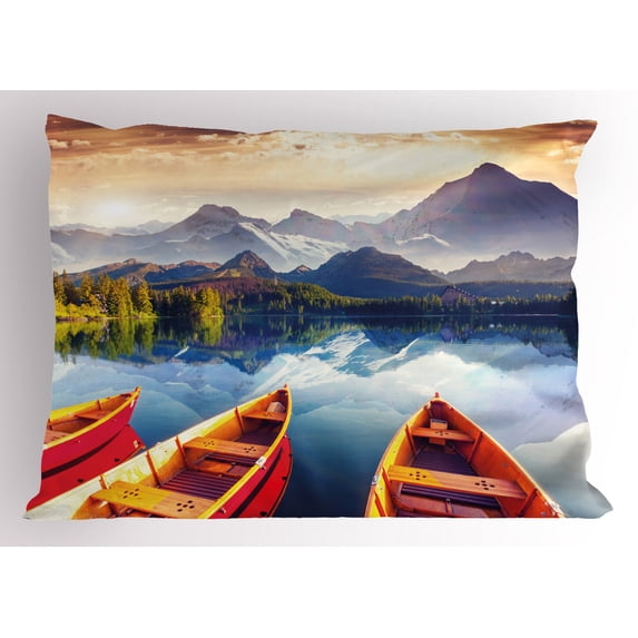 Ambesonne Coastal Pillow Sham, Mountains Shore Boats, 36" X 20", Multicolor
