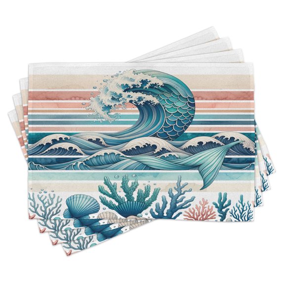 Ambesonne Coastal Place Mats Set of 4, Nautical Art Mermaid Waves, Standard Size, Teal Pale Ruby Blue