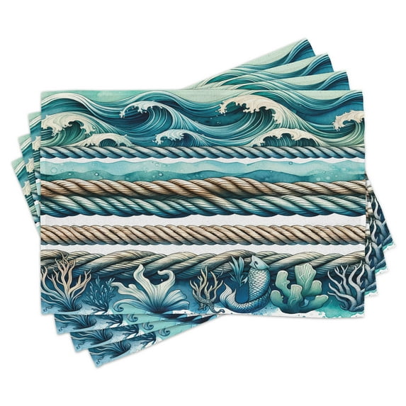 Ambesonne Coastal Place Mats Set of 4, Ropes and Waves Underwater, Standard Size, Seafoam Teal Pale Brown