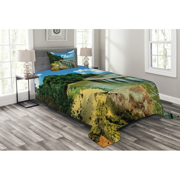 Ambesonne Coastal Quilted Bedspread Set 2 Pcs, Boardwalk Sandy Shore, Twin Size, Green Blue Brown