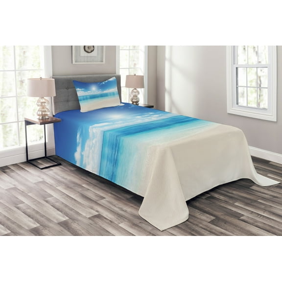 Ambesonne Coastal Quilted Bedspread Set 2 Pcs, Caribbean Summer Sea, Twin Size, Cream Turquoise White