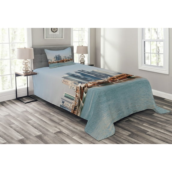 Ambesonne Coastal Quilted Bedspread Set 2 Pcs, Qatar City Dhow Ships, Twin Size, Pale Blue Cinnamon