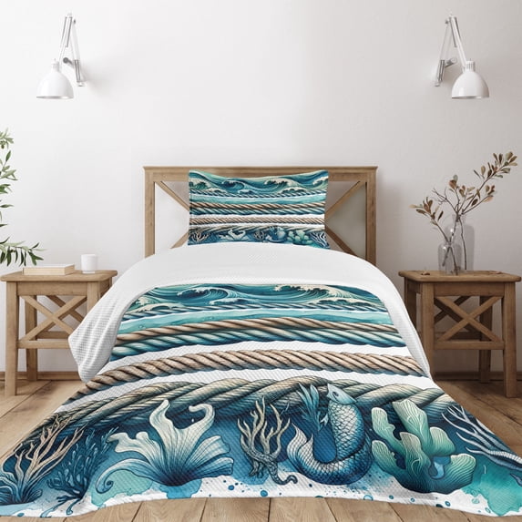 Ambesonne Coastal Quilted Bedspread Set 2 Pcs, Ropes and Waves Underwater, Twin Size, Seafoam Teal Pale Brown