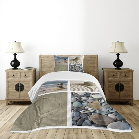Ambesonne Coastal Quilted Bedspread Set 2 Pcs, Sand and Pebbles Collage, Twin Size, Multicolor