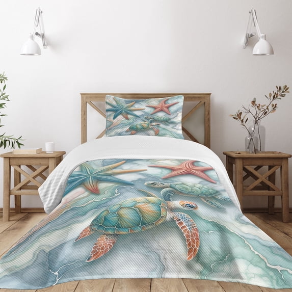 Ambesonne Coastal Quilted Bedspread Set 2 Pcs, Starfish and Sea Turtles, Twin Size, Blue Grey Seafoam and Coral