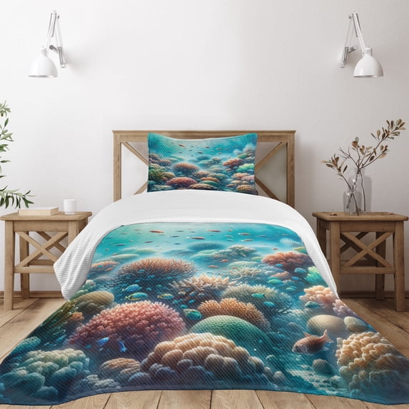 Ambesonne Coastal Quilted Bedspread Set 2 Pcs, Underwater Reef Scene Fish, Twin Size, Turquoise Salmon and Green