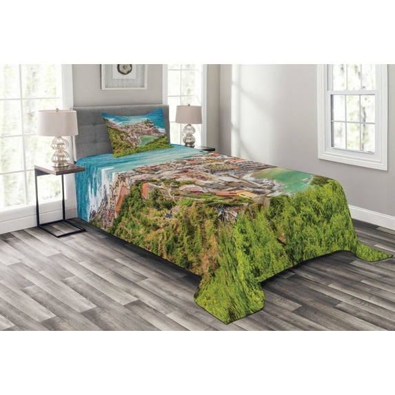 Ambesonne Coastal Quilted Bedspread Set 2 Pcs, Vernezza Italy, Twin Size, Multicolor