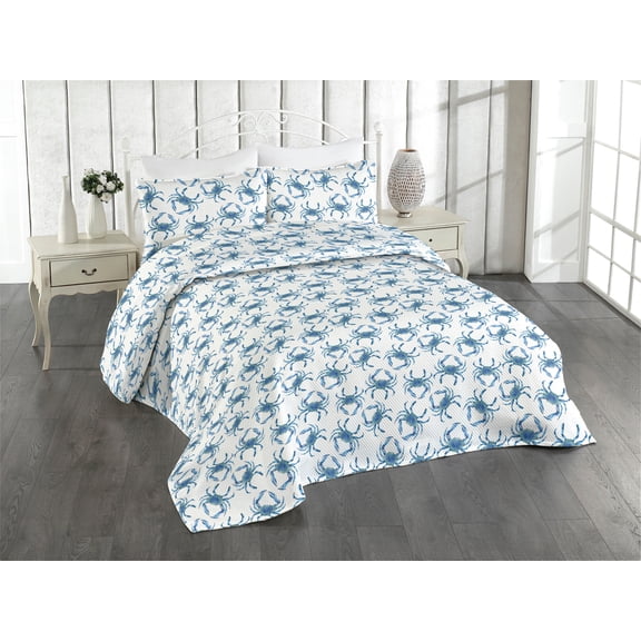 Ambesonne Coastal Quilted Bedspread Set 3 Pcs, Crab Illustration Seashore, Queen, Soft Blue Sea Blue White