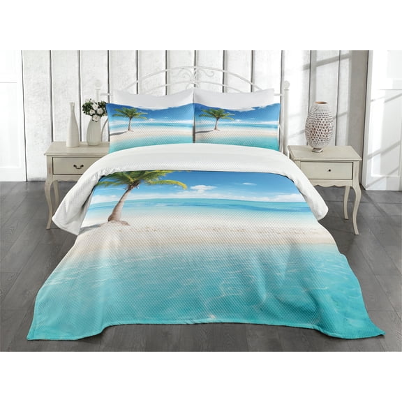 Ambesonne Coastal Quilted Bedspread Set 3 Pcs, Idyllic Scenery Sunbeam, Queen Size, Aqua White Green