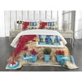 thumbnail image 1 of Ambesonne Coastal Quilted Bedspread Set 3 Pcs, Mediterranean House, Queen Size, Pale Brown Navy Blue, 1 of 3