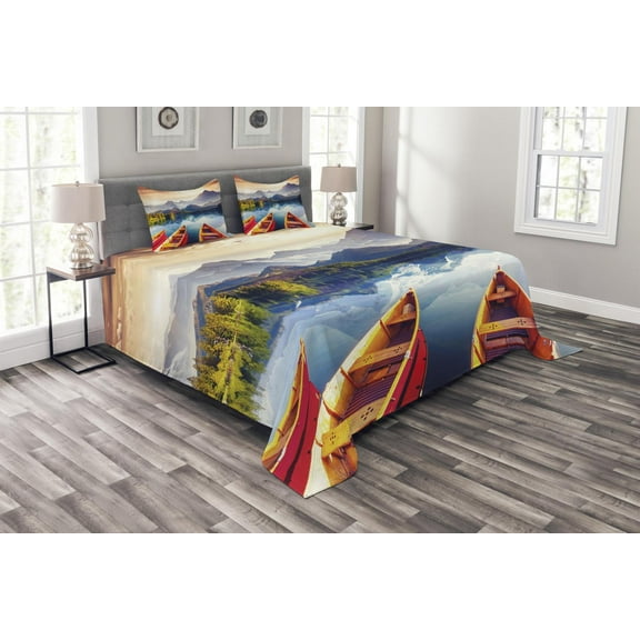 Ambesonne Coastal Quilted Bedspread Set 3 Pcs, Mountains Shore Boats, Queen Size, Multicolor