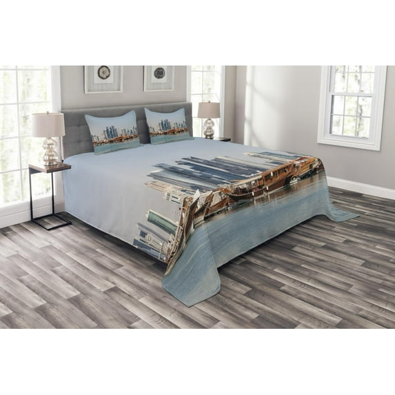 Ambesonne Coastal Quilted Bedspread Set 3 Pcs, Qatar City Dhow Ships, King Size, Pale Blue Cinnamon
