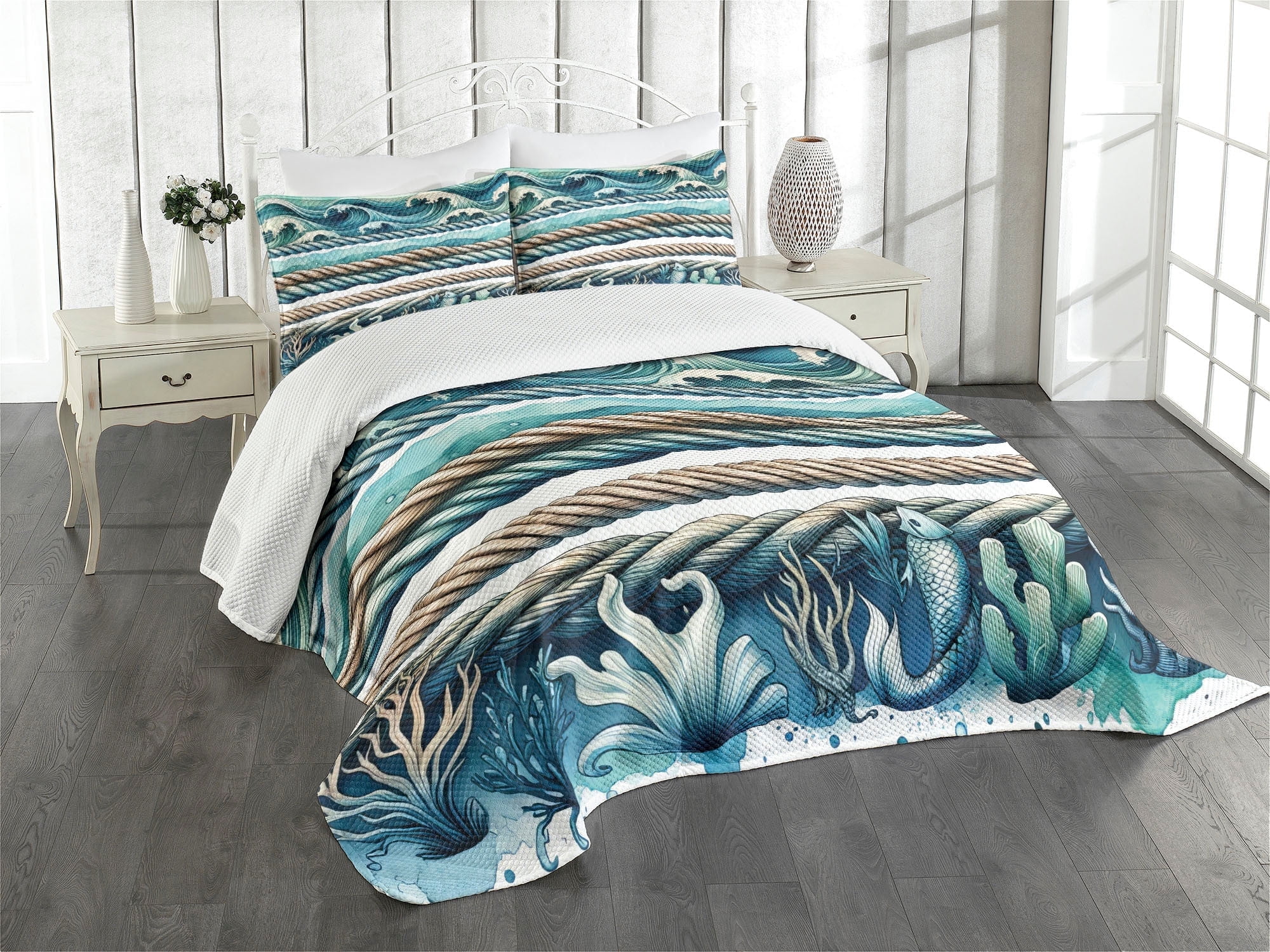 Seafoam Teal Quilted Queen Bedspread Set with Shams
