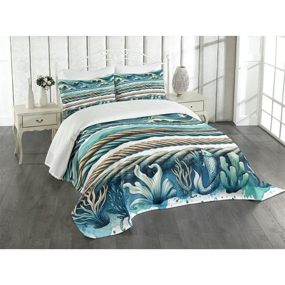 Ambesonne Coastal Quilted Bedspread Set 3 Pcs, Ropes and Waves Underwater, Queen Size, Seafoam Teal Pale Brown
