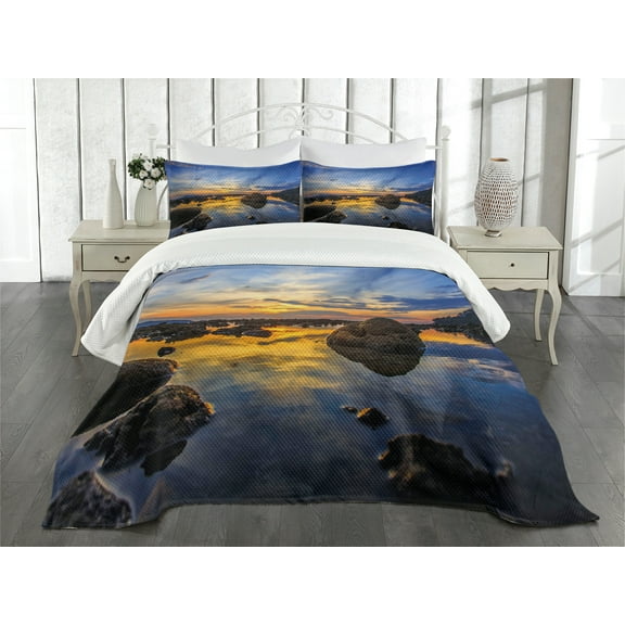 Ambesonne Coastal Quilted Bedspread Set 3 Pcs, Twilight Rocky Shore, Queen Size, Blue Apricot