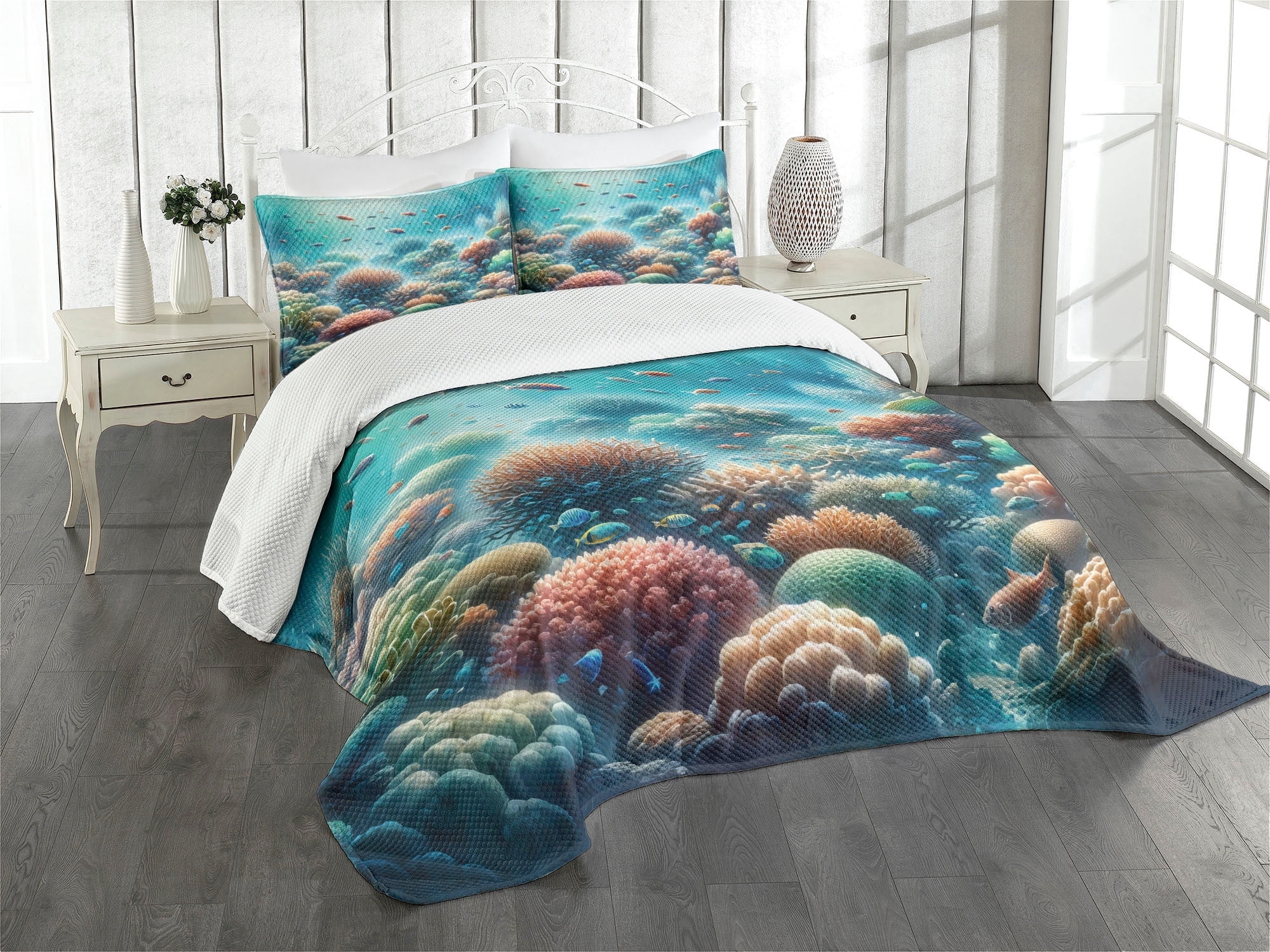 Fish Bedspread Ambesonne Coastal Quilted Bedspread Set 3 Pcs, Underwater Reef Scene ...
