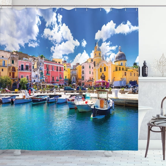 Ambesonne Coastal Shower Curtain, Coastline Town Landscape, 69"Wx70"L, Mustard Pastel Pink and Blue