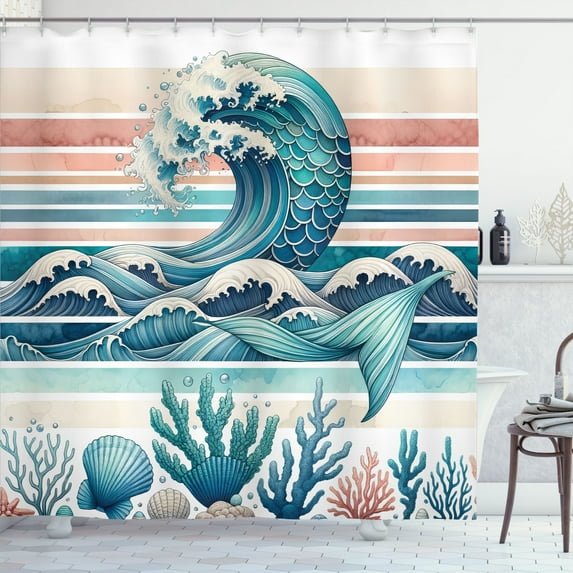 Ambesonne Coastal Shower Curtain, Nautical Art Mermaid Waves, 69"Wx70"L, Teal Pale Ruby Blue
