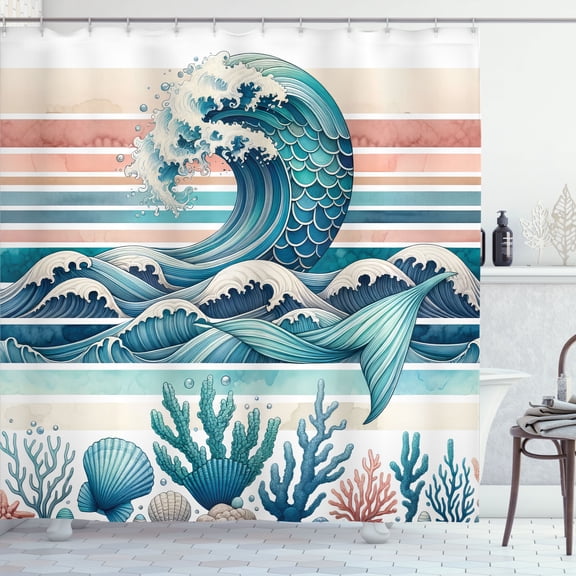 Ambesonne Coastal Shower Curtain, Nautical Art Mermaid Waves, 69"Wx75"L, Teal Pale Ruby Blue