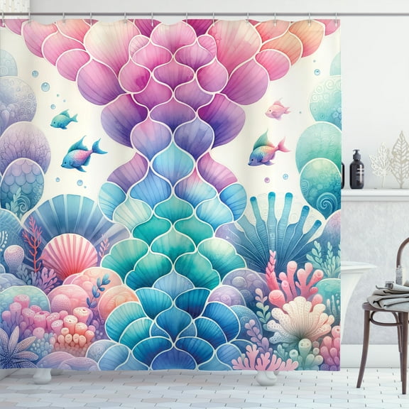 Ambesonne Coastal Shower Curtain, Nautical Motif Mermaid Tail, 69"Wx70"L, Pink Blue Purple