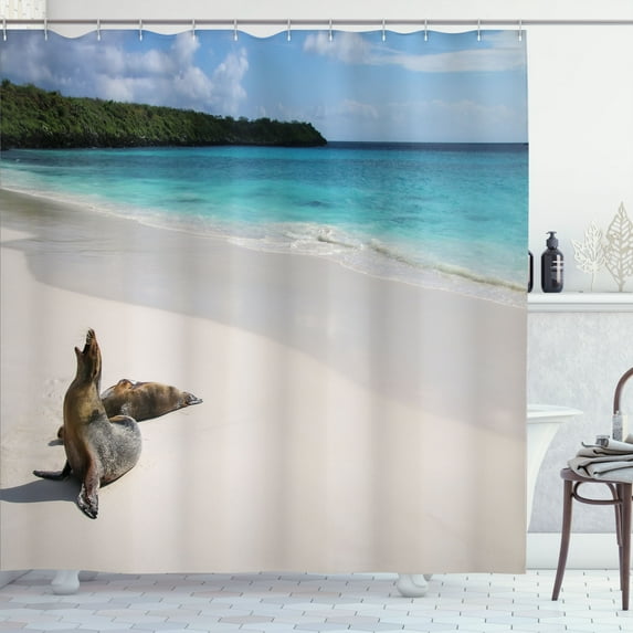 Ambesonne Coastal Shower Curtain, Seals Beach Coastline View, 69"Wx84"L, Pearl Turquoise