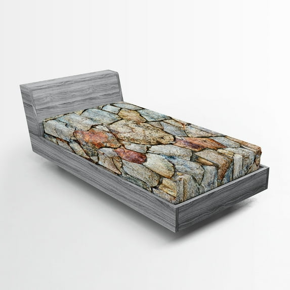 Ambesonne Cobblestone Fitted Sheet 2 Pcs Set, Rustic Natural Wall, Twin, Multicolor