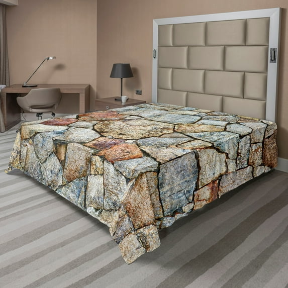Ambesonne Cobblestone Flat Sheet, Rustic Natural Wall, Full Size, Multicolor