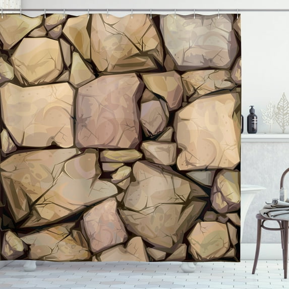 Ambesonne Cobblestone Shower Curtain, Cottage Stone Wall, 69"Wx70"L, Sand Brown Beige