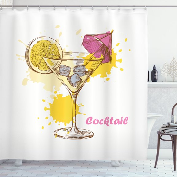 Ambesonne Cocktail Party Shower Curtain, Vodka Martini Lemon, 69"Wx84"L, Yellow Pink Pale Grey